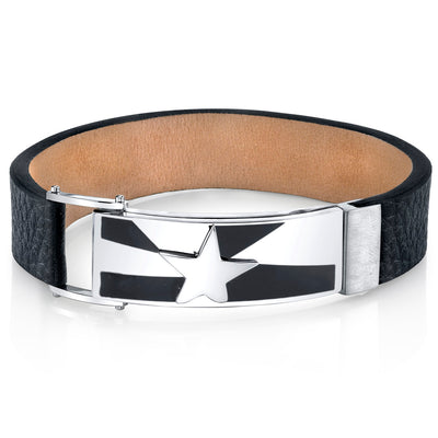 Mens Shooting Star Black Genuine Leather and Stainless Steel Bracelet