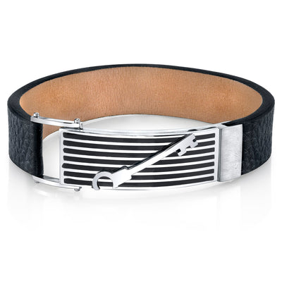 Men's Black Leather and Stainless Steel Bracelet Magnetic Fold-Over Clasp