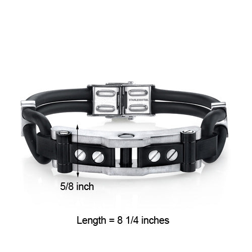 Men's Stainless Steel and Dual Black Silicon Bracelet 8.25 Inches