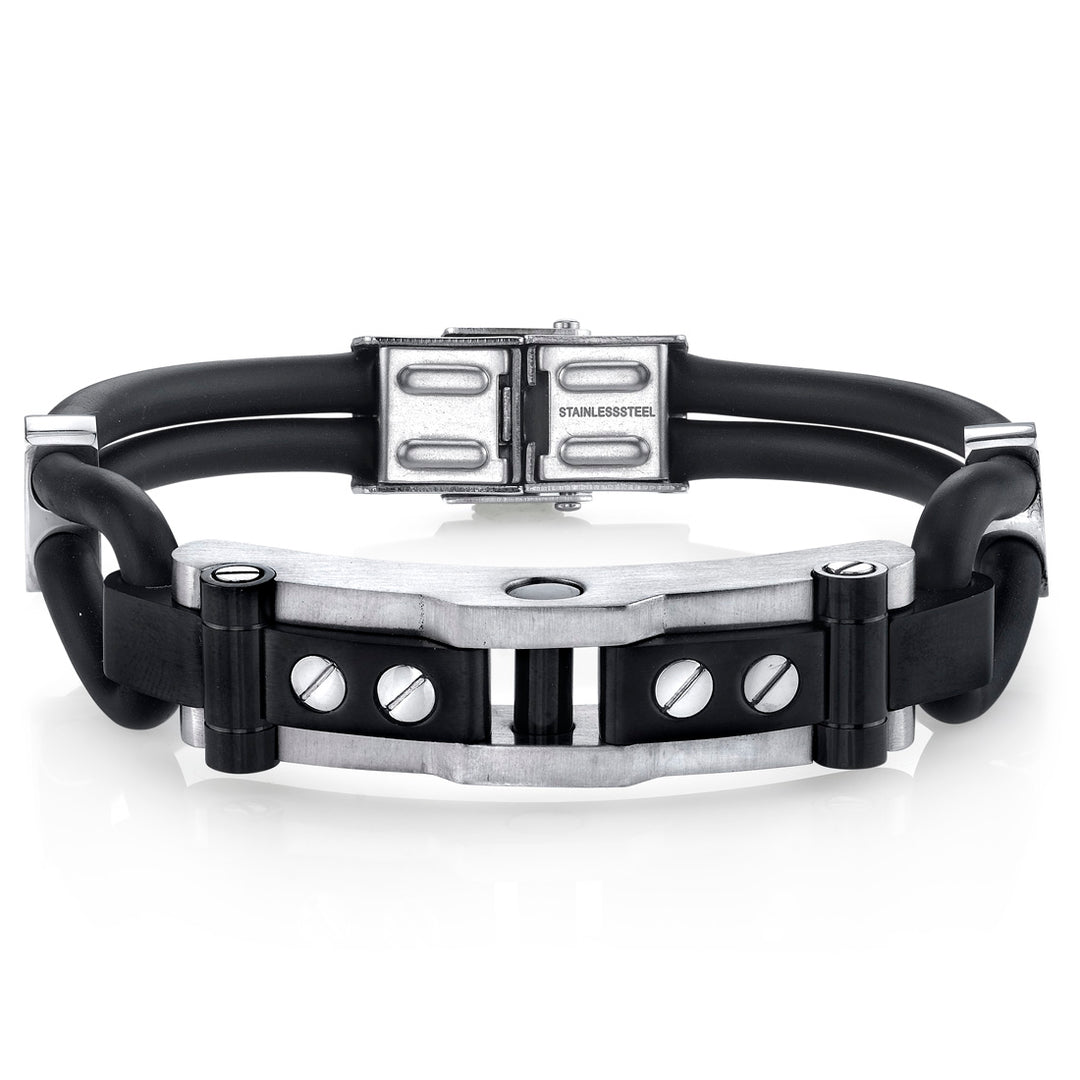 Men's Stainless Steel and Dual Black Silicon Bracelet 8.25 Inches