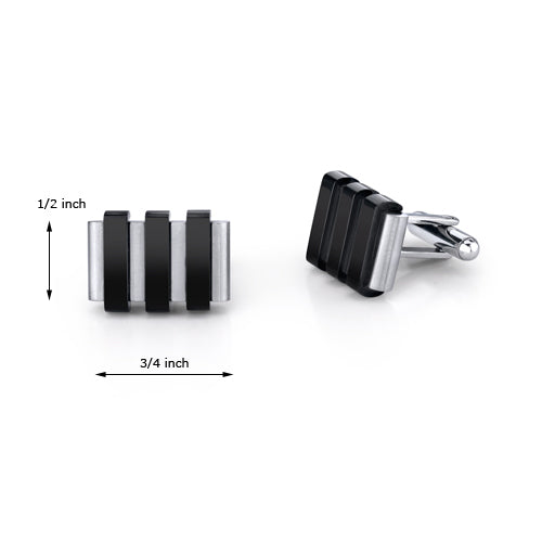 Mens Stainless Steel Cuff Links With Raised Black Stripe Accents