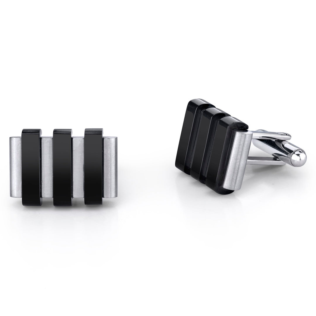 Mens Stainless Steel Cuff Links With Raised Black Stripe Accents