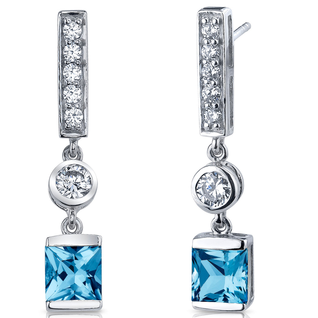 Swiss Blue Topaz Earrings Sterling Silver Princess Cut 2.5 Cts