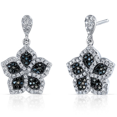 Flower Design Black and White CZ Sterling Silver Dangle Earrings