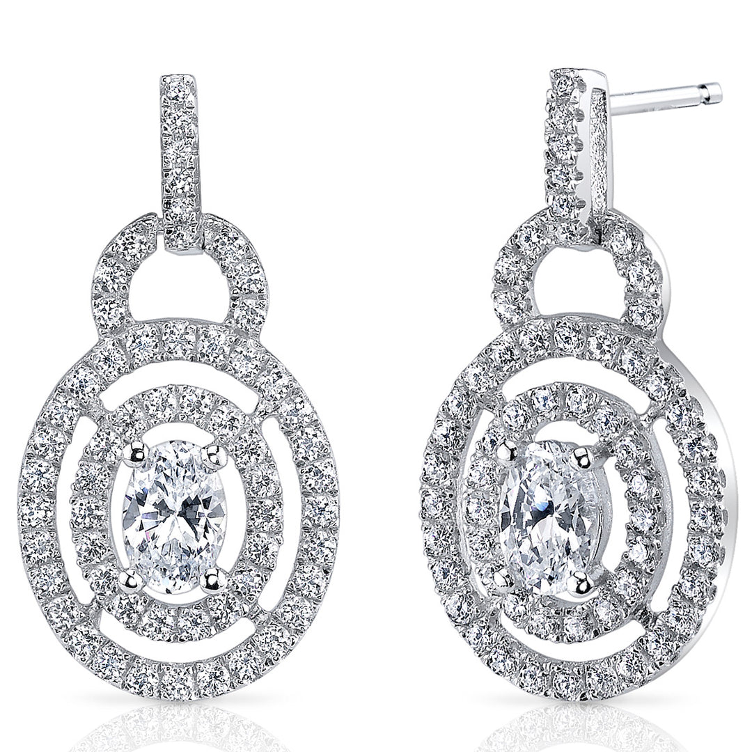 Sterling Silver Double Halo Style Oval Cut 2.17 Carats Cubic Zirconia Earrings