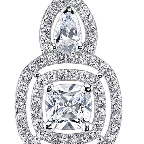 Sterling Silver Double Halo Style Cushion and Pear Cut 1.91 Carats Cubic Zirconia Earrings