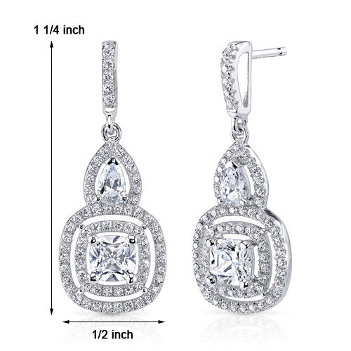 Sterling Silver Double Halo Style Cushion and Pear Cut 1.91 Carats Cubic Zirconia Earrings