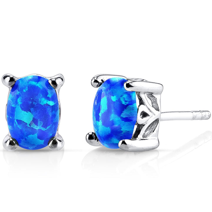 Blue Opal Stud Earrings Sterling Silver Oval Shape 1 Carat