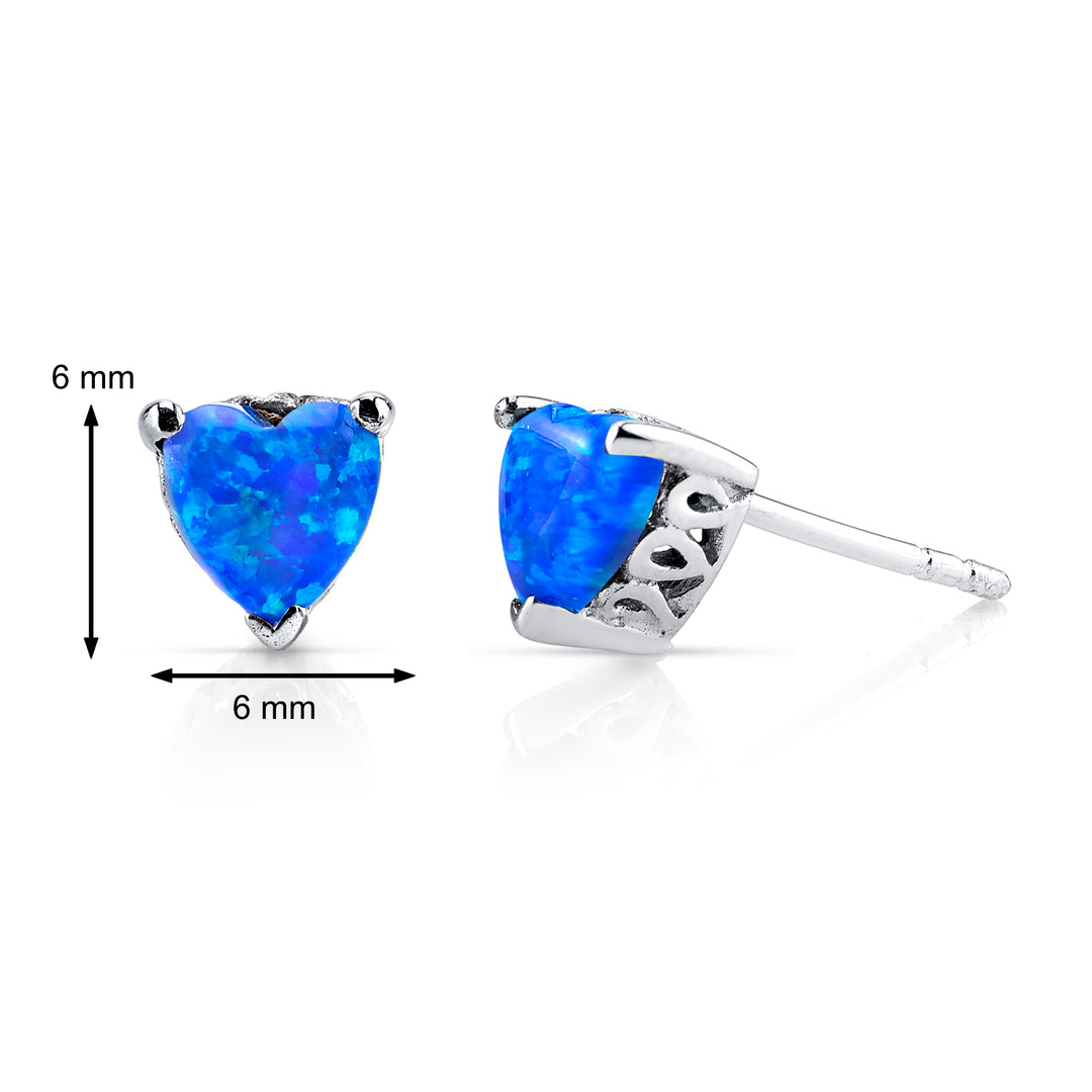 Created Blue Opal Heart Stud Earrings Sterling Silver 1.25 Carats