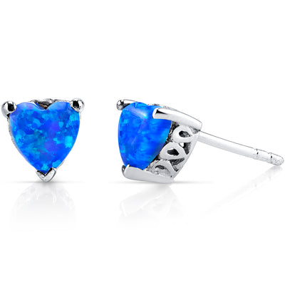 Created Blue Opal Heart Stud Earrings Sterling Silver 1.25 Carats