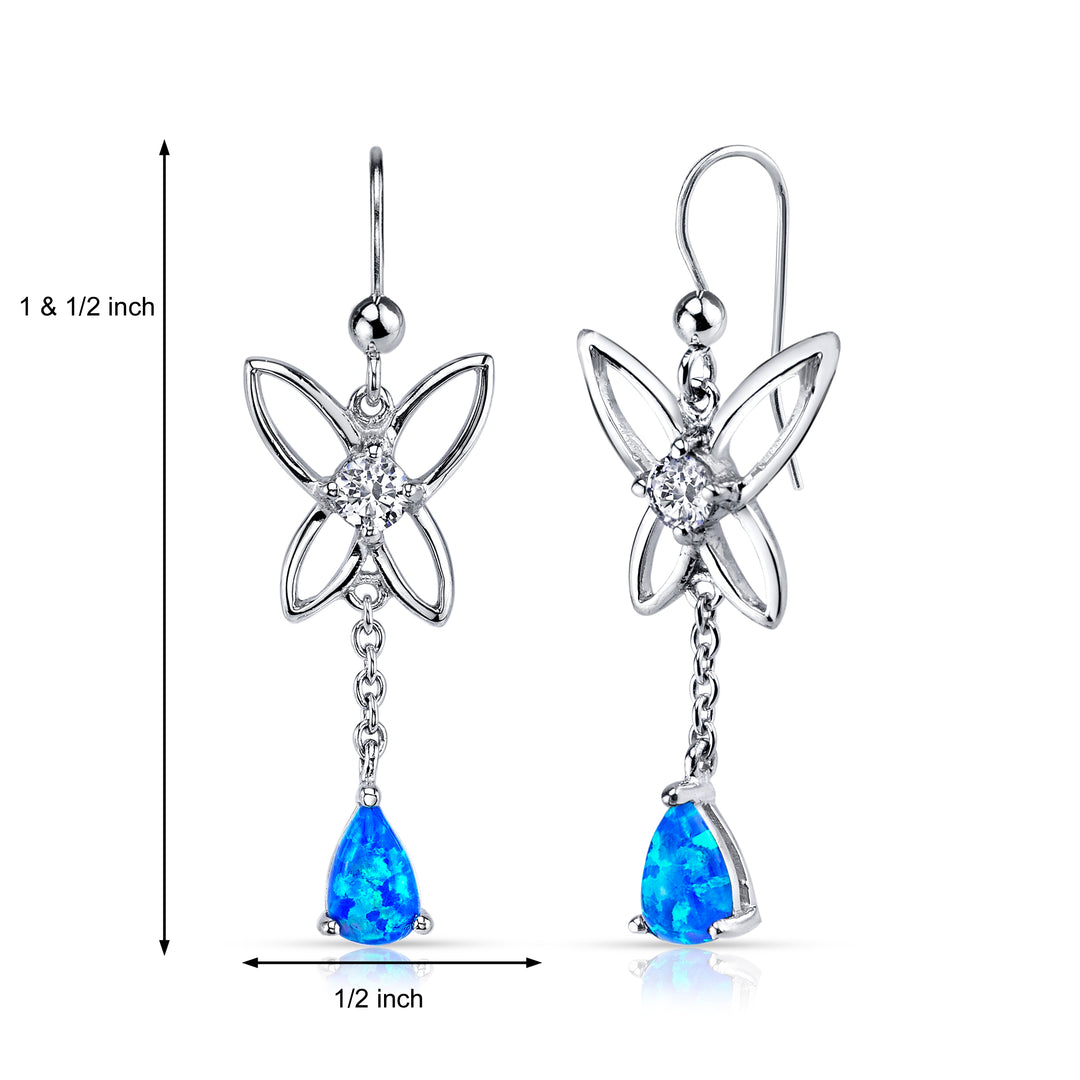 Created Blue Opal Butterfly Drop Earrings Sterling Silver 1 Carat