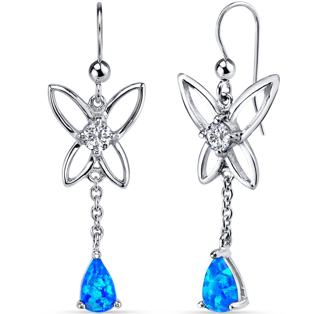 Created Blue Opal Butterfly Drop Earrings Sterling Silver 1 Carat