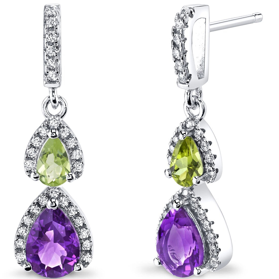 Amethyst and Peridot Halo 2 Stone Earrings Sterling Silver Pear Shape 1.50 Carats