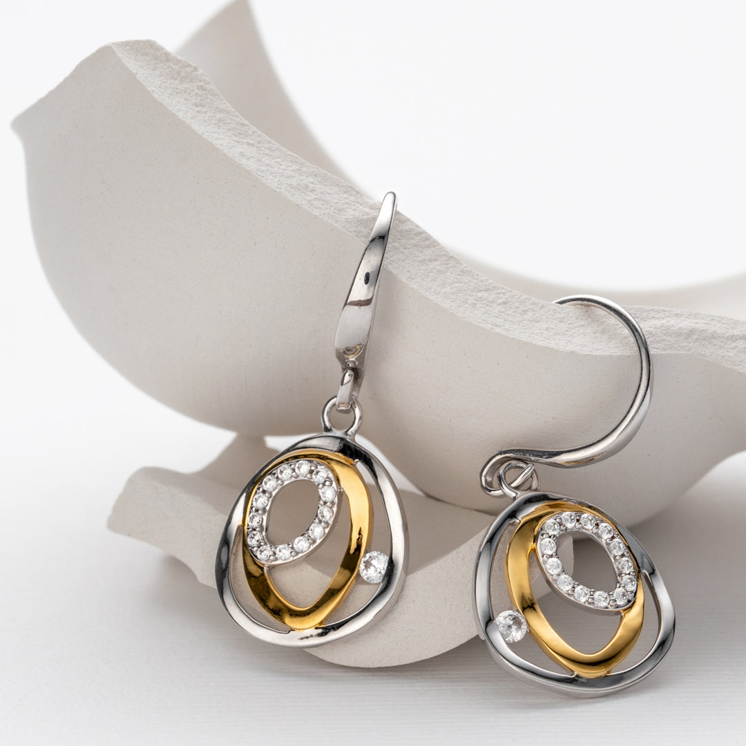 Two-Tone Sterling Silver Floating Halo Drop Earrings for Women