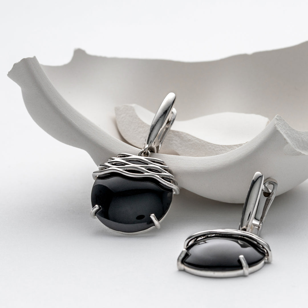 Sterling Silver Round Black Onyx Waves Dangle Earrings for Women