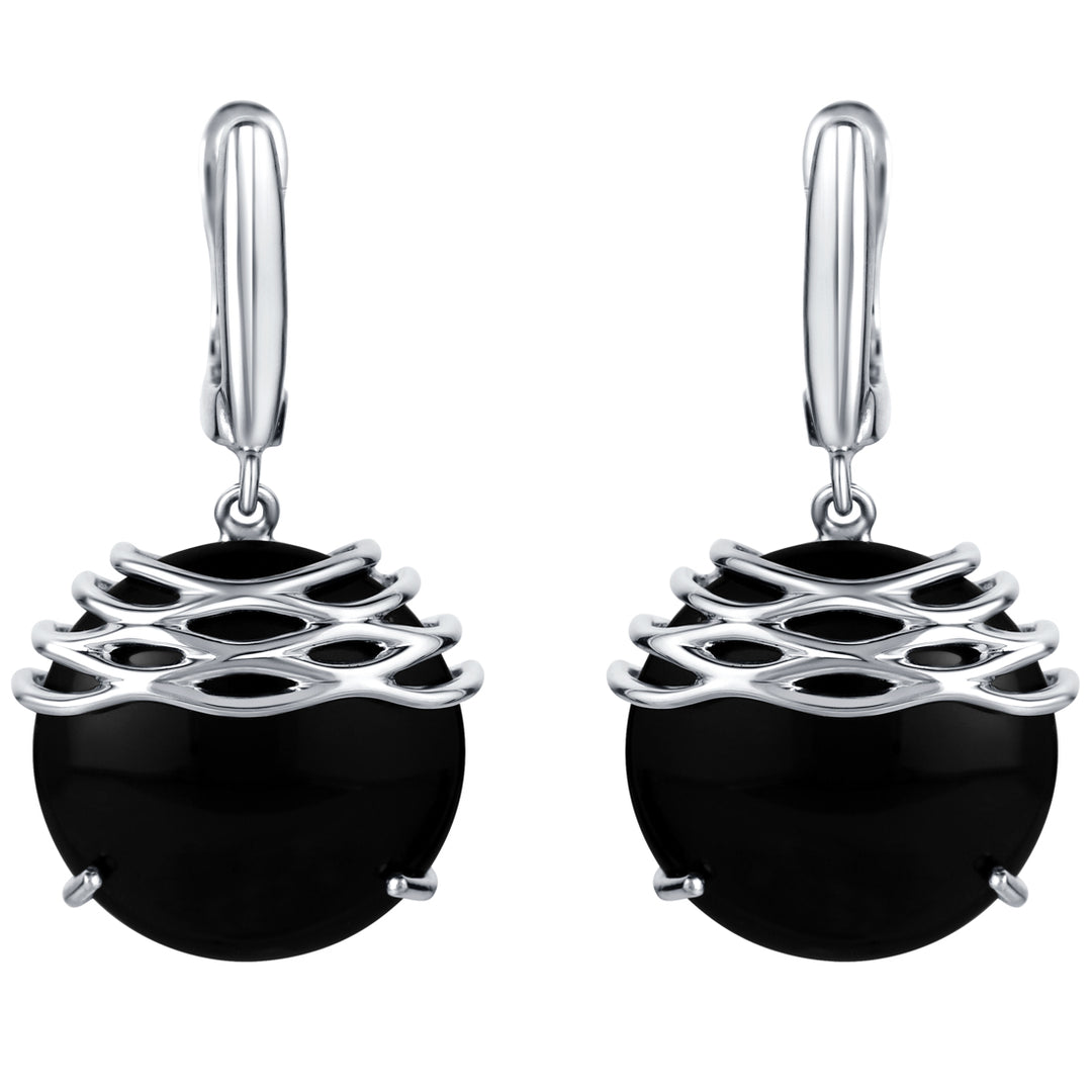 Sterling Silver Round Black Onyx Waves Dangle Earrings for Women