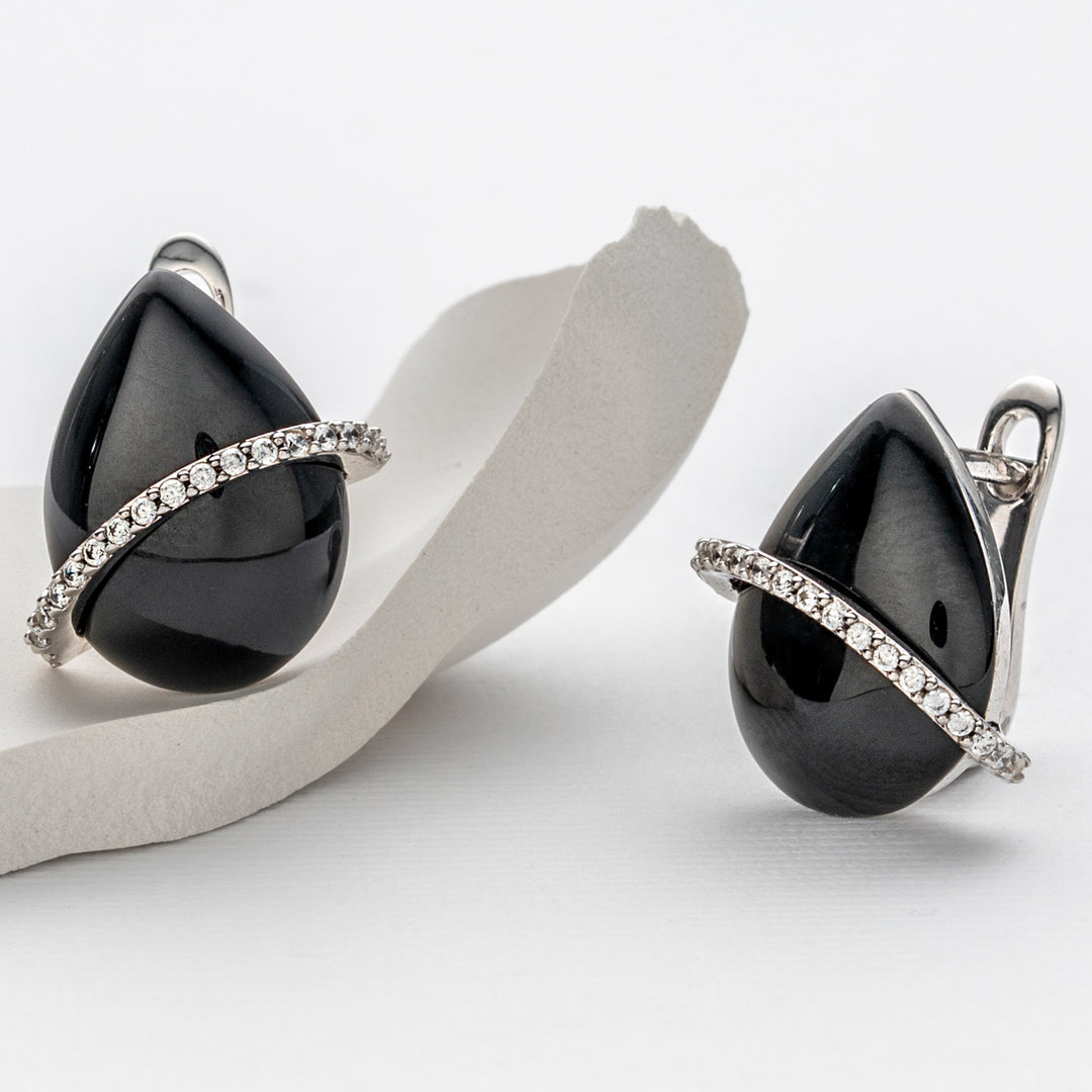 Sterling Silver Black Onyx Midnight Orbit Teardrop Earrings for Women
