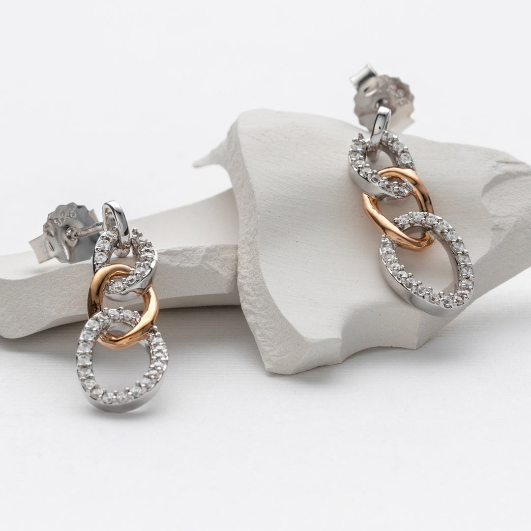 Two-Tone Sterling Silver 3-Links Drop Earrings for Women