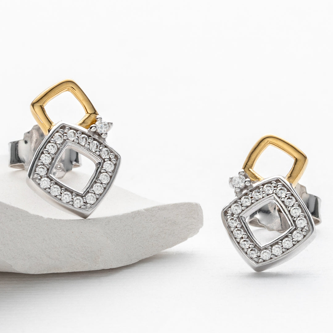 Two-Tone Sterling Silver Geometric Open Squares Earrings for Women