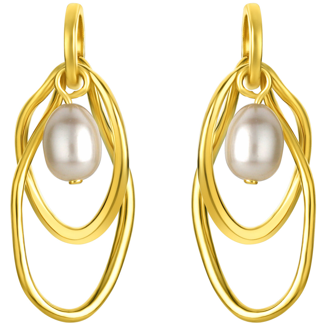 Yellow-Tone Sterling Silver Interlocking Oval Freshwater Cultured Pearl Drop Earrings for Women