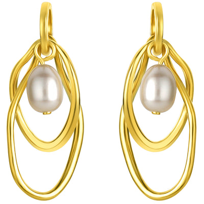 Yellow-Tone Sterling Silver Interlocking Oval Freshwater Cultured Pearl Drop Earrings for Women
