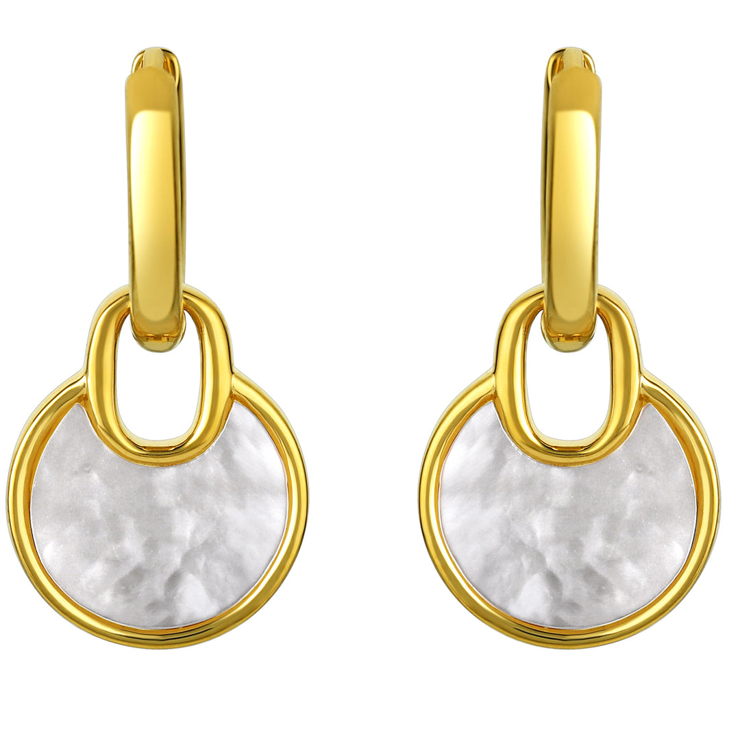 Yellow-Tone Sterling Silver White Mother of Pearl Circle Drop Earrings for Women