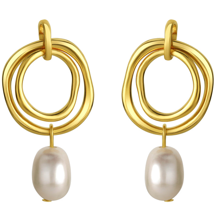 Freshwater Cultured Pearl Ring Drop Earrings for Women in Yellow-Tone Sterling Silver