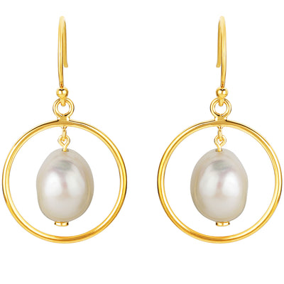 Freshwater Cultured Pearl Pendulum Drop Earrings for Women in Yellow-Tone Sterling Silver