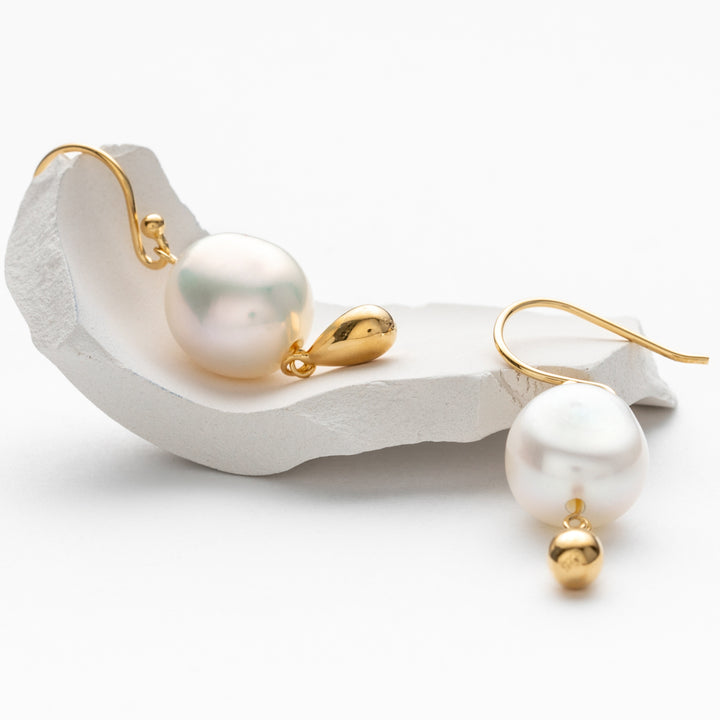 Freshwater Cultured Pearl Dangle Charm Drop Earrings for Women in Yellow-Tone Sterling Silver