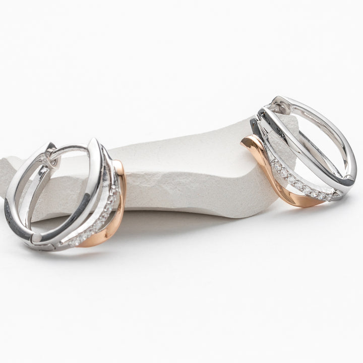Two-Tone Sterling Silver Ribboned Tide Small Huggie Hoop Earrings for Women