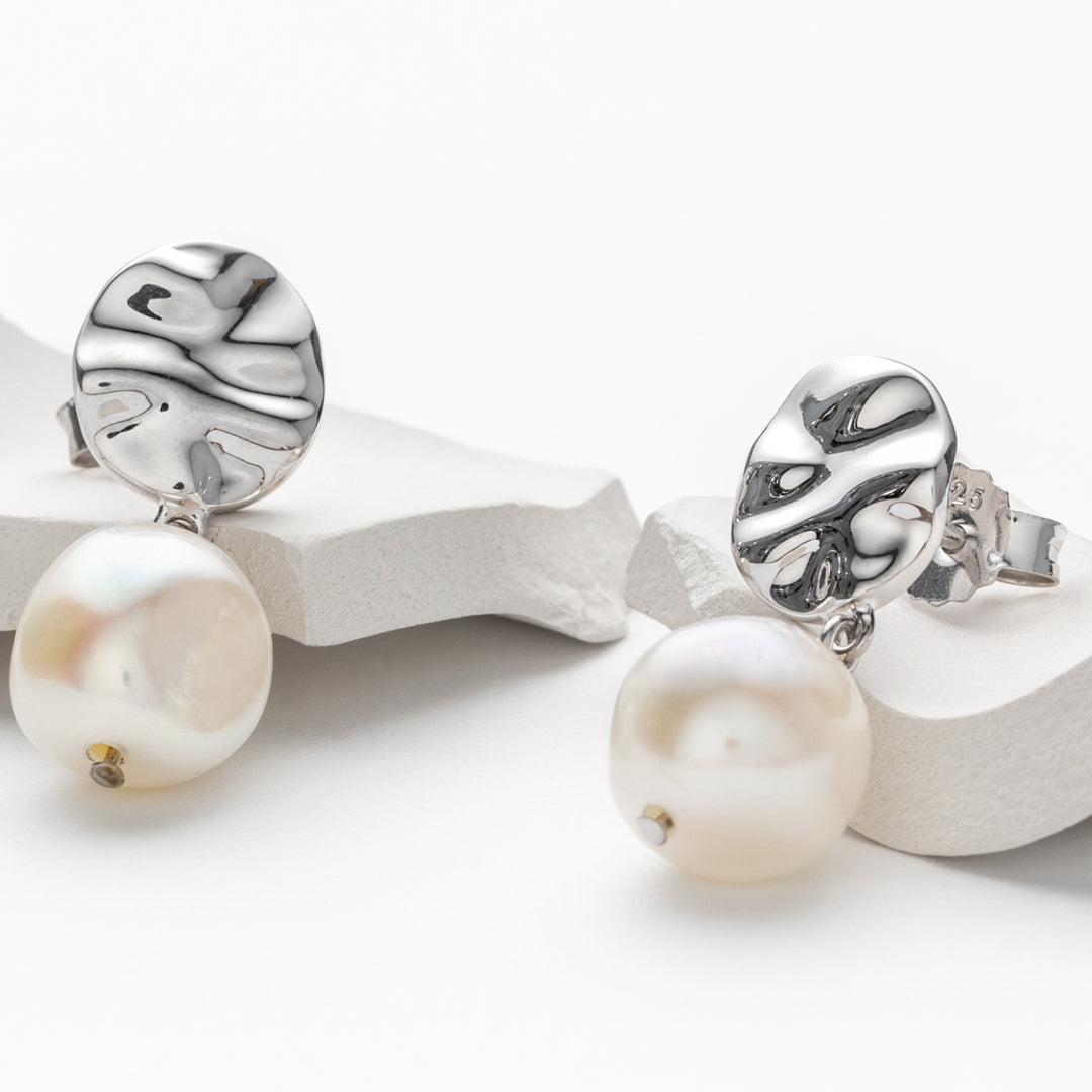 Freshwater Cultured Pearl Dainty Disc Charm Drop Earrings for Women in Sterling Silver