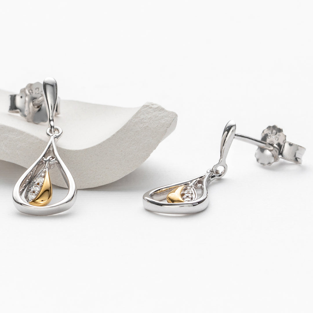 Two-Tone Sterling Silver Open Fan Drop Earrings for Women