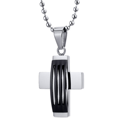 Stainless Steel Triple Stripe Black Enamel Finish Modern Cross Necklace