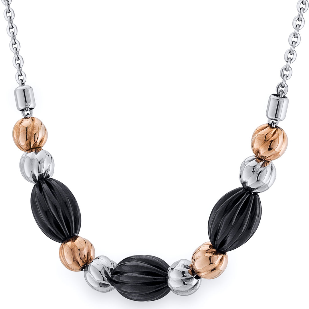 Stainless Steel Necklace Black, Silver and Gold-tone Charm Beads