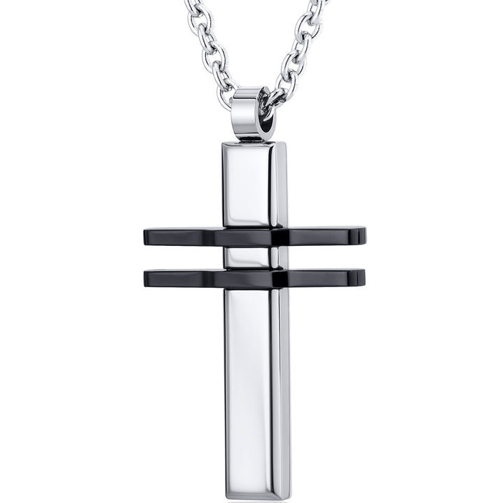 Two Black Stripe Polished Stainless Steel Cross Pendant With 22 inch Chain