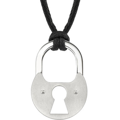 Stainless Steel Brushed Finish Padlock Pendant on a Black Cord
