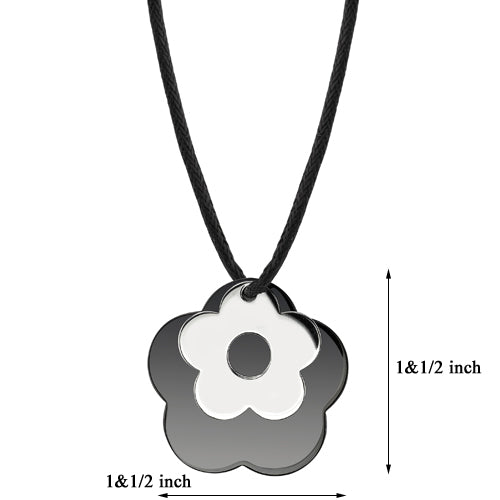 Stainless Steel Black Enamel Flower Pendant on a Black Cord