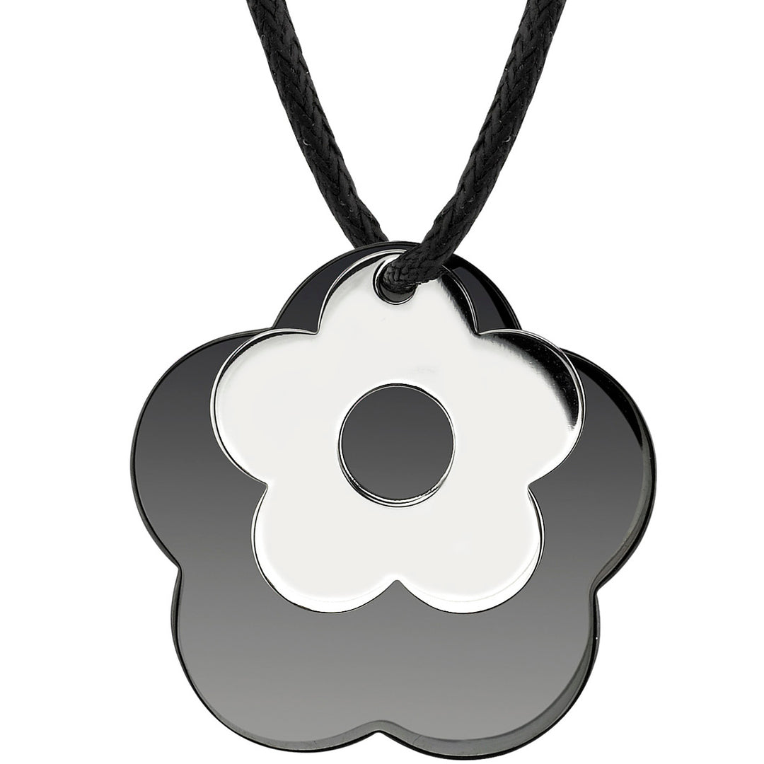 Stainless Steel Black Enamel Flower Pendant on a Black Cord