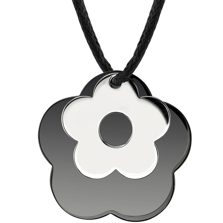 Stainless Steel Black Enamel Flower Pendant on a Black Cord