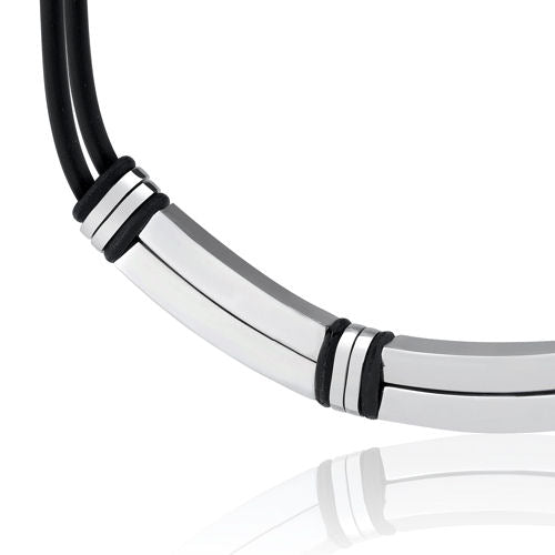 Stainless Steel Bar-Link and Rubber Cord Necklace