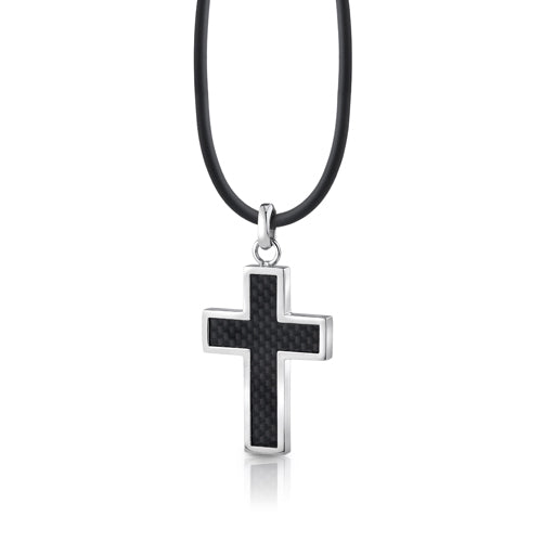 Stainless Steel Cross Pendant Necklace with Carbon Fiber