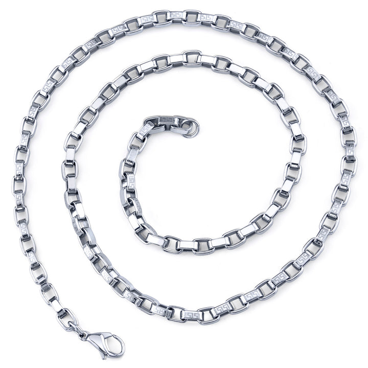 20 Inch Stainless Steel Box Link Chain Necklace with Etched Greek Design