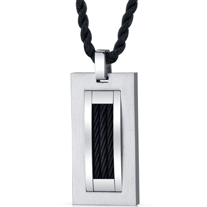 Stainless Steel Dog Tag with Black Steel Rope Inlay Pendant Necklace