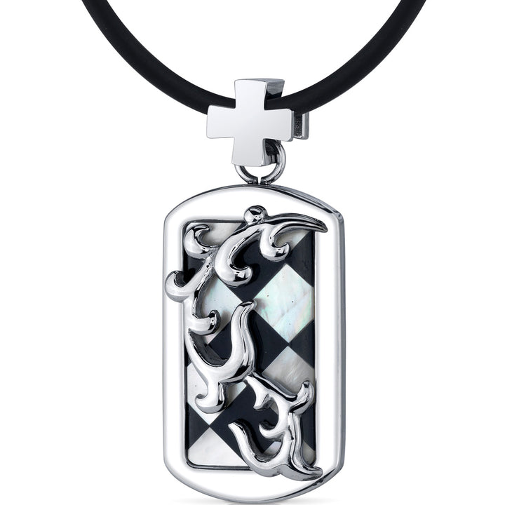 Stainless Steel Mother of Pearl and Onyx Dog Tag Pendant Necklace