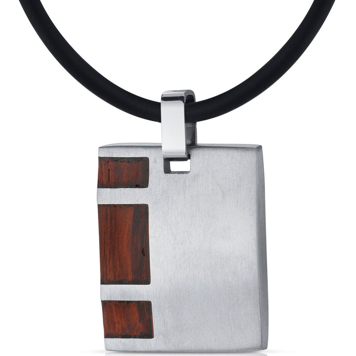 Stainless Steel with Rosewood Finish Square Pendant Necklace