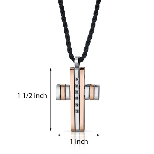 Stainless Steel Modern Cross Pendant Necklace with Black Cubic Zirconia