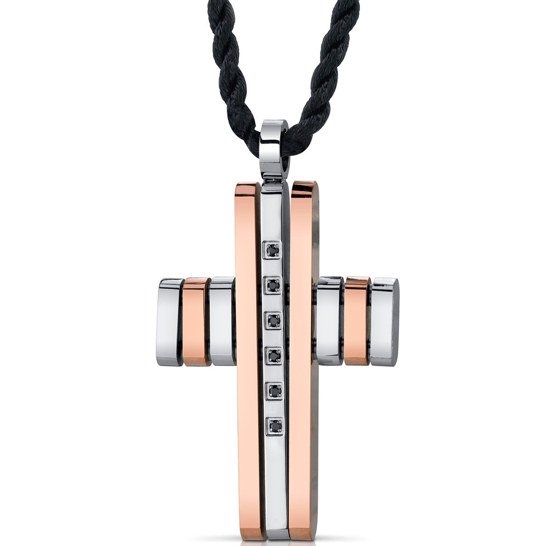 Stainless Steel Modern Cross Pendant Necklace with Black Cubic Zirconia
