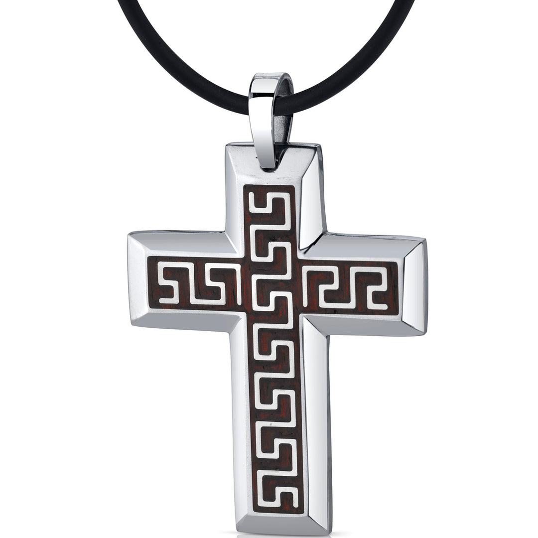 Stainless Steel Greek Key Design Cross Pendant Necklace