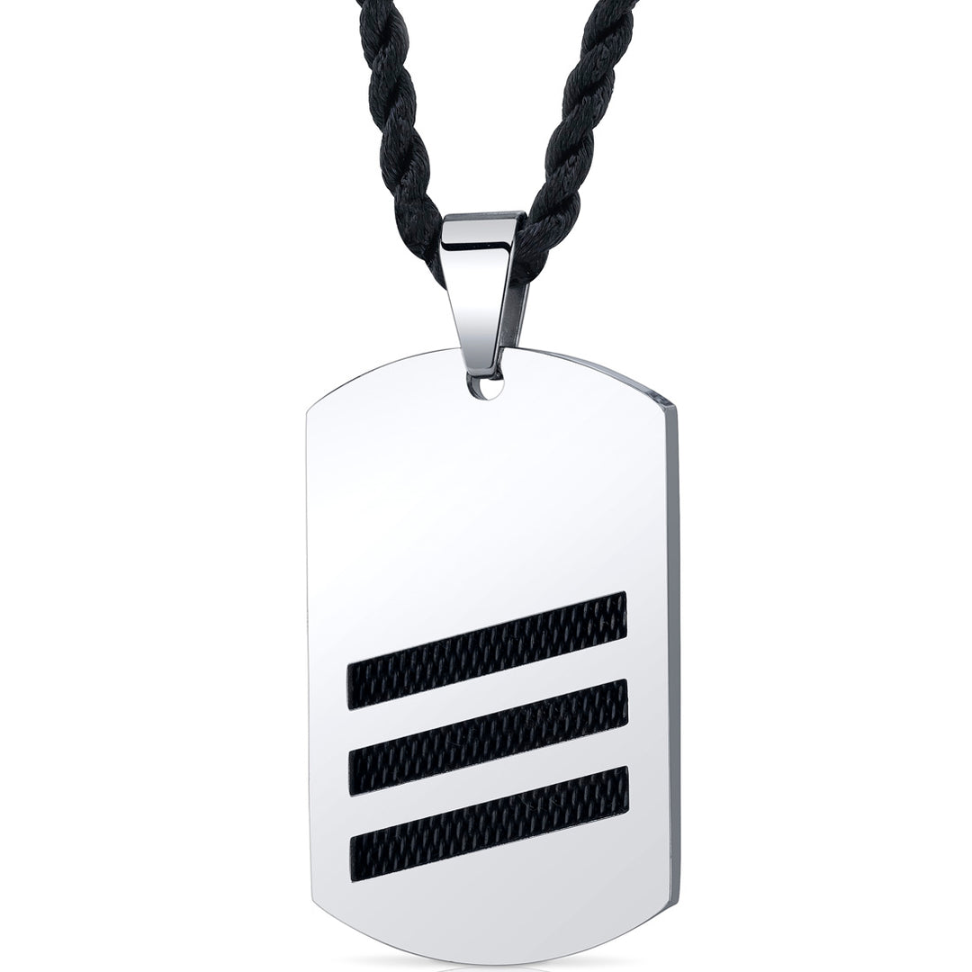 Stainless Steel Dog Tag with Black Steel Inlay Pendant Necklace