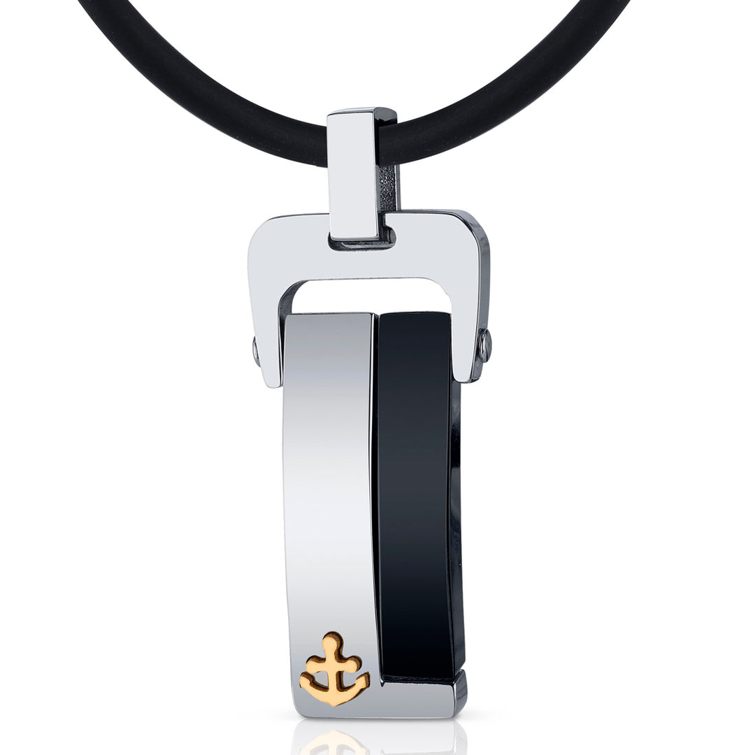 Stainless Steel and Black Ceramic Anchor Tag Pendant Necklace